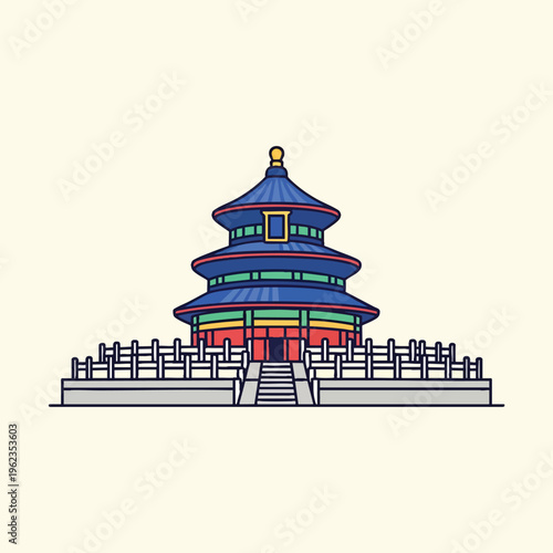 A stylized illustration presents a multi-tiered, blue-roofed architectural structure with red and green accents. It features a stone platform and a decorative balustrade