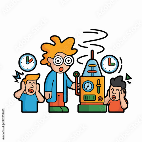 Stressed Children Watching Exploding Clockwork Machine