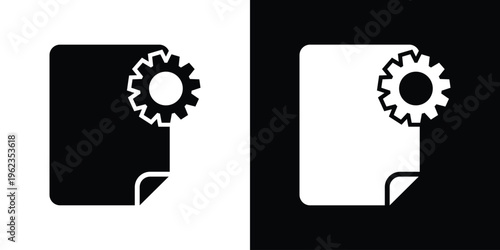 A professional checklist document icon featuring a gear overlay. Ideal for representing technical audits, maintenance tasks, quality control, and systematic process completion.