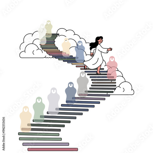 Woman Reaching Clouds via Colorful Staircase with Silhouettes