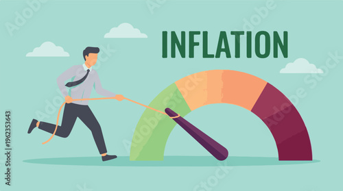 Businessman trying to control high inflation, pulling an economic gauge
