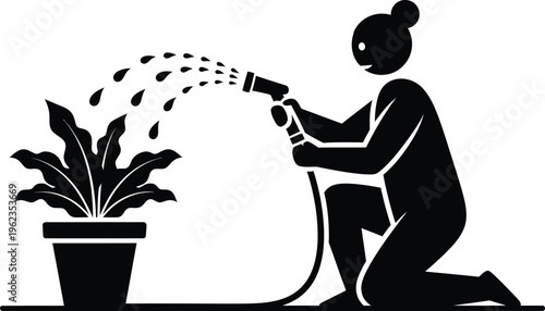 a simple black and white illustration depicts a woman kneeling and gently watering a potted houseplant with a hose high quality