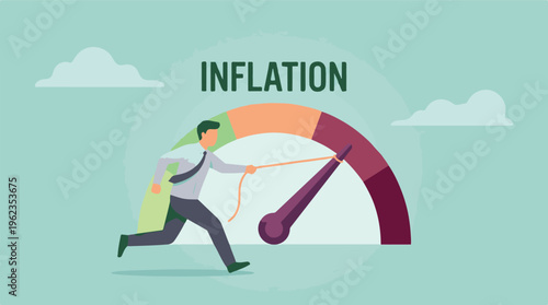 Economic inflation concept with businessman pulling gauge needle high