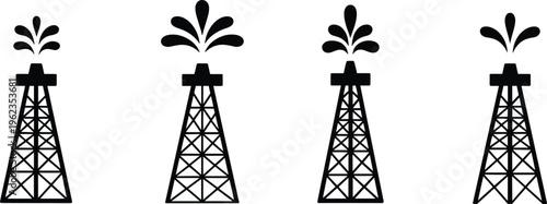 Black and white icon illustration of four oil derricks with varying spurts representing energy production, petroleum industry, extraction process, and resource exploration sequence.