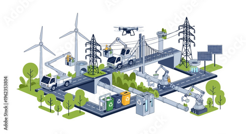 Sustainable Smart City Infrastructure Isometric Illustration with Renewable Energy, Waste Management, and Advanced Urban Services