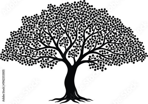 a detailed black and white illustration depicts a full leafy tree with a dense canopy and visible root system standing alone