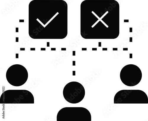 Black and white icon illustration showing team decision-making process with check mark and cross symbols representing approval, rejection, evaluation, and consensus in workplace collaboration.