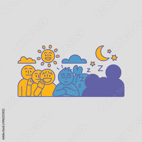 Sleepy Person Among Happy People Under Sun Moon Clouds
