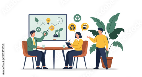 Green Business Team Brainstorming Sustainable Solutions for Eco-Friendly Innovation and Environmental Protection Strategy
