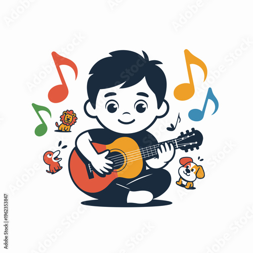 Smiling Boy Playing Guitar with Music Notes and Cartoon Friends