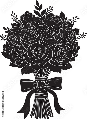 Silhouette of a romantic bouquet of roses with a bow on transparent background, perfect for wedding invitations or greeting cards.