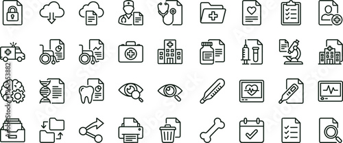 Healthcare documentation outline icon set with medical records hospital report symbols for apps dashboards interfaces presentations education materials