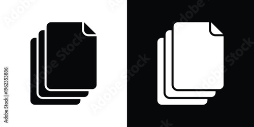 Minimalist vector icon of three stacked pages with text lines. Represents multiple documents, file copies, content management, paperwork, and digital or physical information storage.