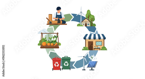 Circular Economy & Sustainable Living Cycle: Production, Consumption, Recycling & Green Energy Infographic