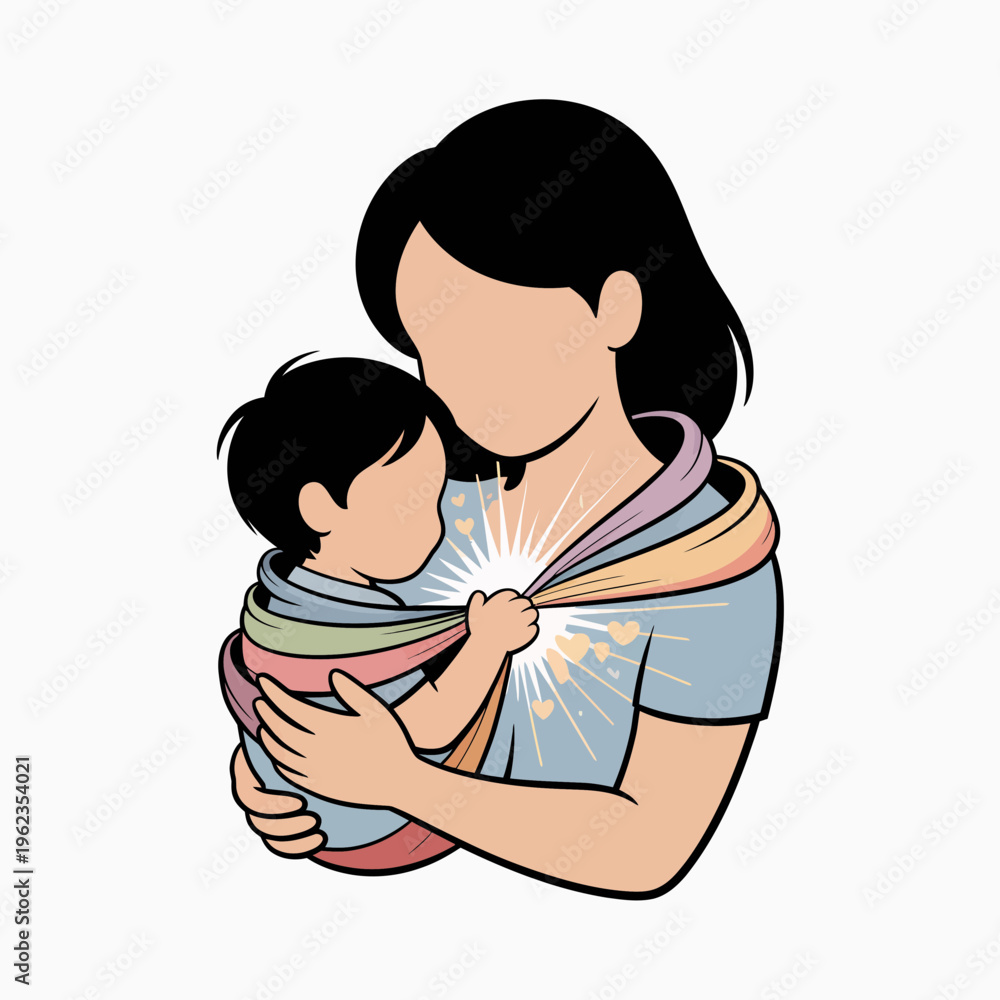 Fototapeta premium Mother Hugging Baby in Colorful Sling on White Background