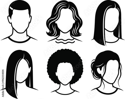 a collection of black and white illustrations depicting six different hairstyles for various head shapes and lengths showcasing diverse hair textures