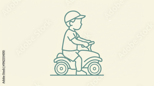 Minimalist Line Art Illustration of Young Boy Riding Toy Quad Bike