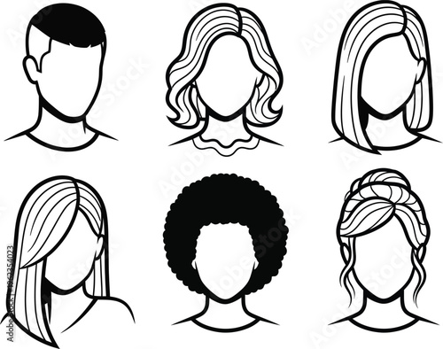 a collection of six diverse head silhouettes displaying various hairstyles ranging from short to long curly to straight and afro textures