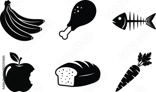 a simple black and white illustration showcasing various food items including fruits vegetables meat and bread high quality professional detailed modern