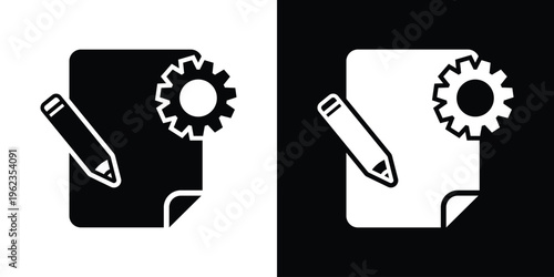 Creative icon featuring stacked paper and a pencil, symbolizing content creation, editing, writing, signing contracts, and updating information in a sleek flat design style.