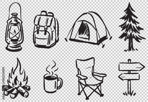camping essentials and outdoor adventure flat design vector illustration