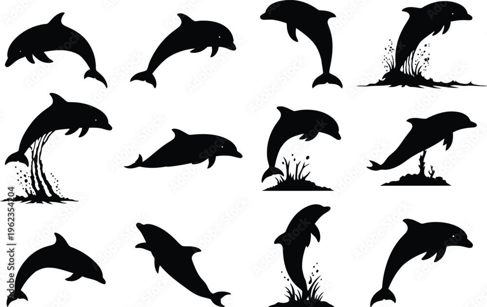 Obraz premium Silhouette of dolphins in various swimming positions and actions