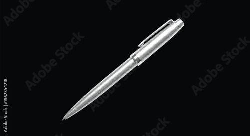 A sleek professional silver ballpoint pen positioned diagonally on a solid black background highlighted by a subtle white halftone texture effect.