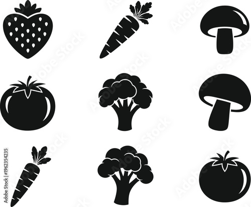 a collection of simple black silhouette icons depicting various fresh fruits and vegetables including strawberries carrots and mushrooms high quality professional