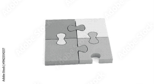A four piece jigsaw puzzle in black and white halftone style representing teamwork collaboration strategy and solving complex business problems effectively together.