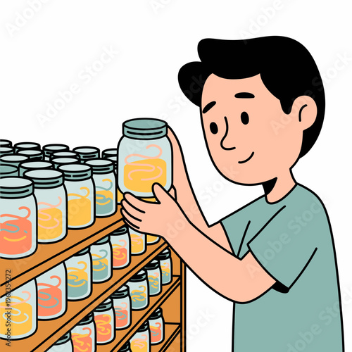 Boy Holding Jar of Food on Shelf in Cartoon Style