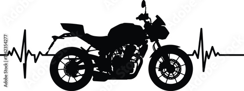 Black silhouette of motorcycle centered in heartbeat ECG line design, symbolizing passion, lifestyle, and love for motorbikes, perfect for enthusiasts and creative artwork.