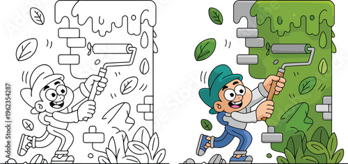 A cartoon man paints a brick wall green with a paint roller in two different illustration styles side by side
