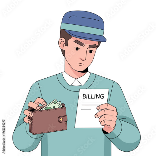 Man looking at a billing statement with a worried expression.