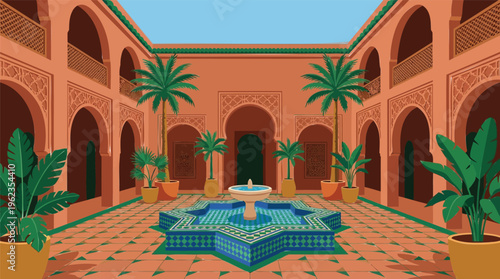 Peaceful Moroccan Architectural Courtyard with Intricate Tile Fountain and Lush Tropical Foliage Illustrative Scene