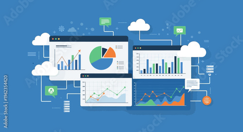 Data analysis and visualization concept with charts, graphs, and cloud computing elements