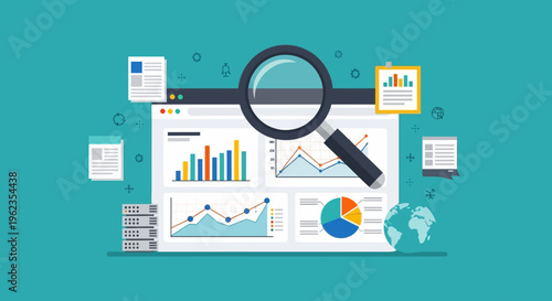 Data analysis and visualization with charts, graphs, magnifying glass, and globe