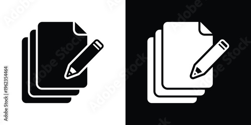 Creative icon featuring stacked paper and a pencil, symbolizing content creation, editing, writing, signing contracts, and updating information in a sleek flat design style.