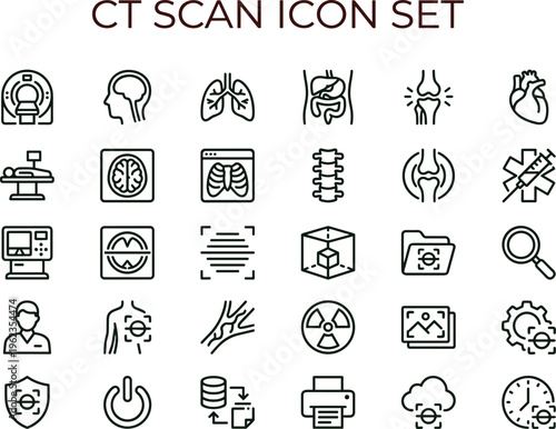 CT scan outline icon set with medical imaging radiology diagnostic anatomy symbols for healthcare apps dashboards interfaces presentations education materials