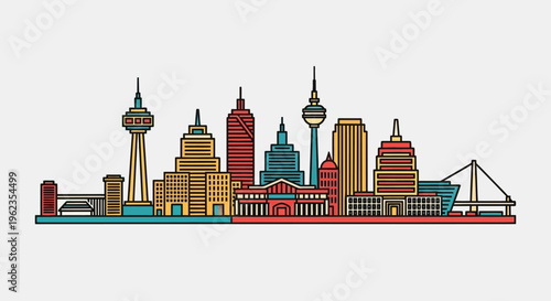 Colorful modern city skyline illustration with skyscrapers and bridge on white background