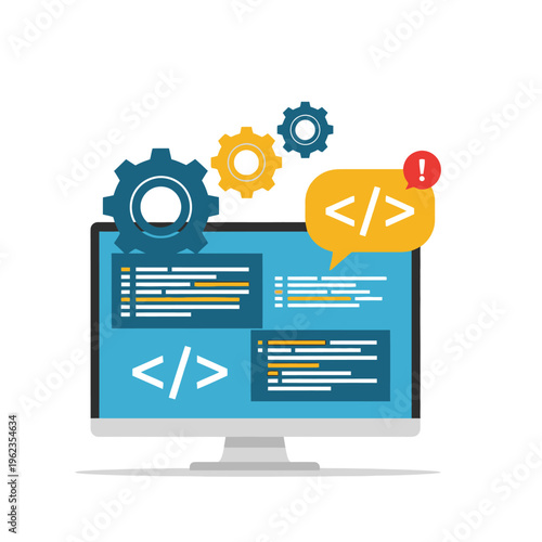 Computer screen with code, gears and alert symbol. Software development concept.