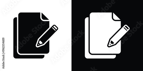 Creative icon featuring stacked paper and a pencil, symbolizing content creation, editing, writing, signing contracts, and updating information in a sleek flat design style.