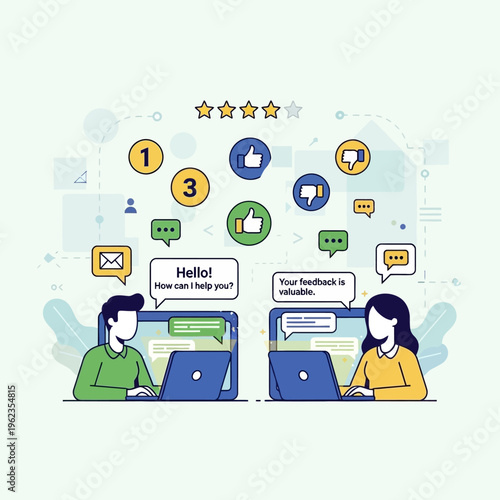 Customer feedback and support online chat, satisfaction rating, positive and negative reviews