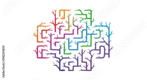 A colorful maze with multiple paths and tree-like branches in a vibrant and complex design