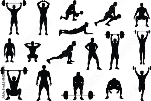 Silhouettes of athletes performing weightlifting and bodyweight exercises including squats, lunges, push‑ups, and deadlifts representing fitness training, workout routines, 
