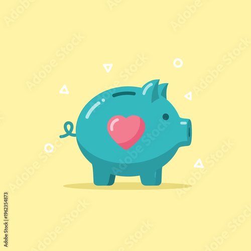 Cute Blue Piggy Bank with Pink Heart, Saving Money, Financial Concept
