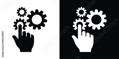 Vector icon of a hand clicking on a large gear wheel, symbolizing manual settings, system interaction, process control, and technical optimization. Simple flat black and white design.