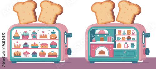 Creative toaster design featuring a miniature bakery with cakes and bread slices on top vector illustration.
