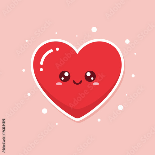 Cute Kawaii Red Heart Character with Big Eyes on Pink Background, Vector Illustration