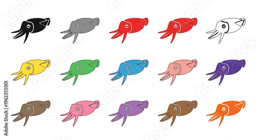 A collection of colorful stylized cuttlefish or squid illustrations in various hues arranged on a white background.