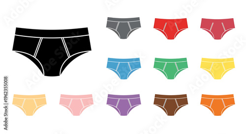 Collection of women's underwear in various colors, including black, red, blue, green, yellow, pink, purple, brown, and orange panties on a white background.